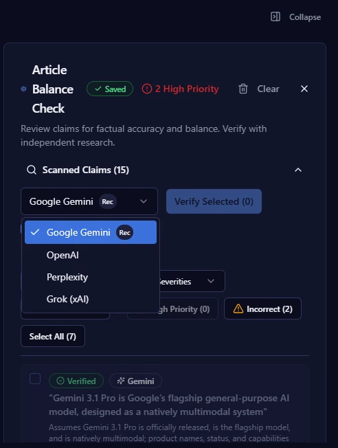 Fact verification engine checking article claims