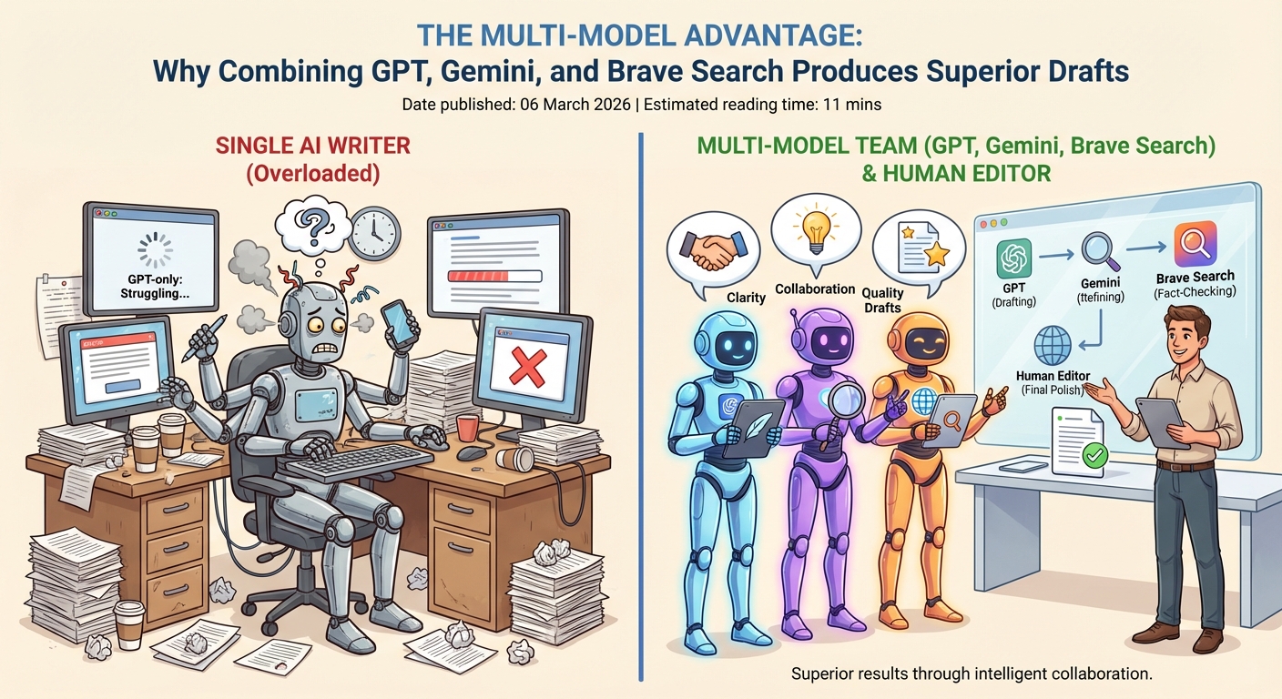 Split-screen comparison of overloaded single AI writer vs multi-model team using GPT, Gemini, Brave Search and human editor for better drafts