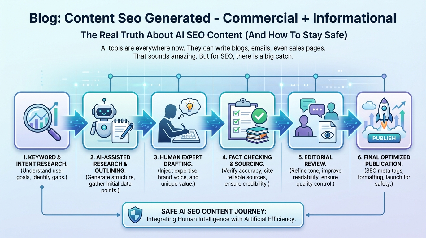 Comparison of AI generated content vs AI researched content with human editor, showing duplicate pages risk vs clear, trustworthy AI SEO content