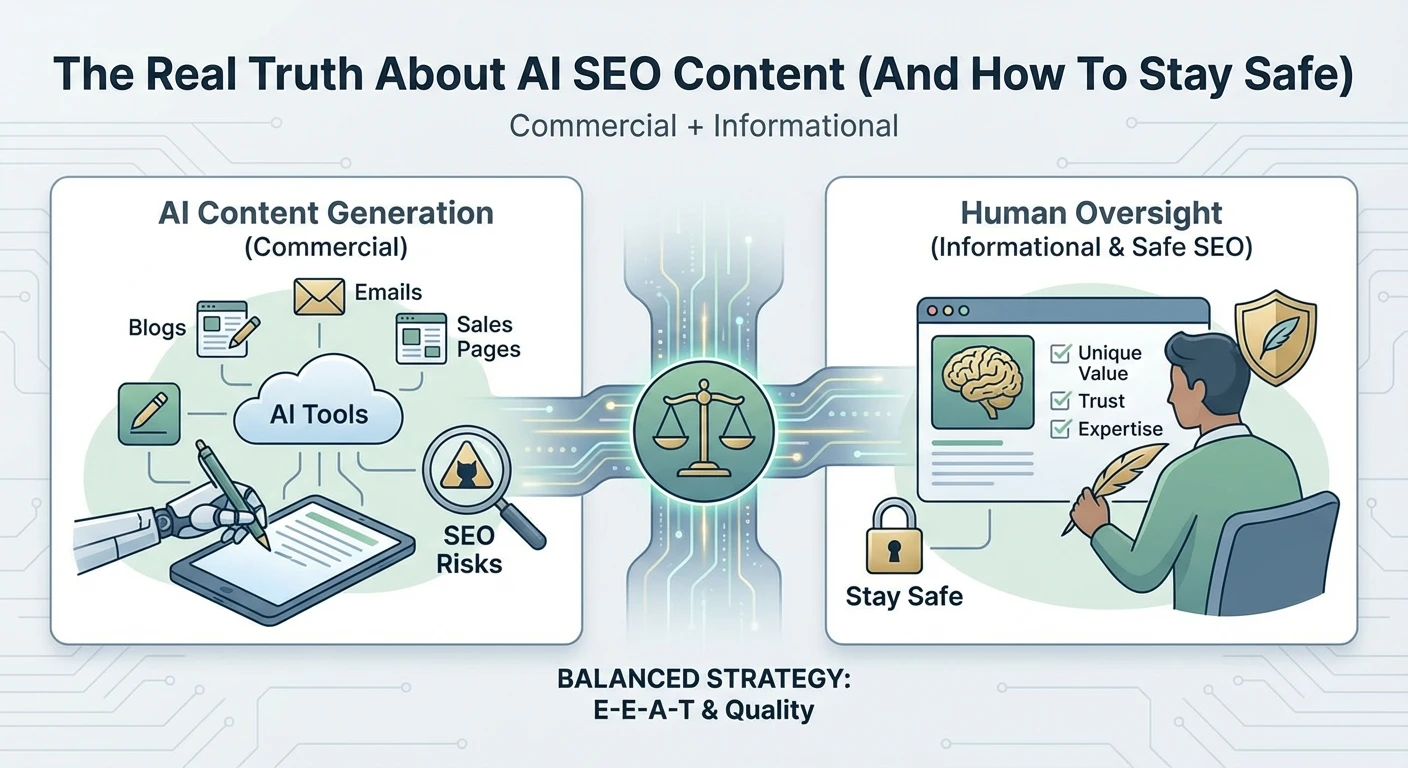 Infographic showing six-step workflow for safe AI SEO content, from keyword research to human-edited, optimized publication