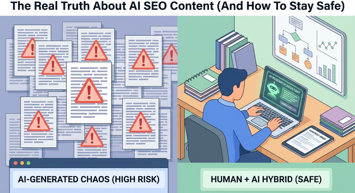 Illustration comparing automated AI SEO content risks with human‑oversight strategy for safer, higher quality search‑optimized pages