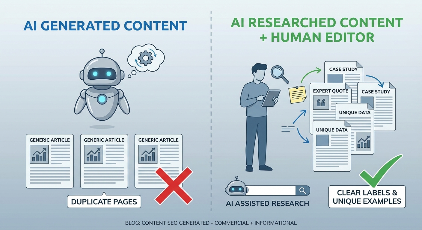 Split illustration contrasting risky AI SEO content chaos with warning icons and a safe human plus AI hybrid workflow on a laptop