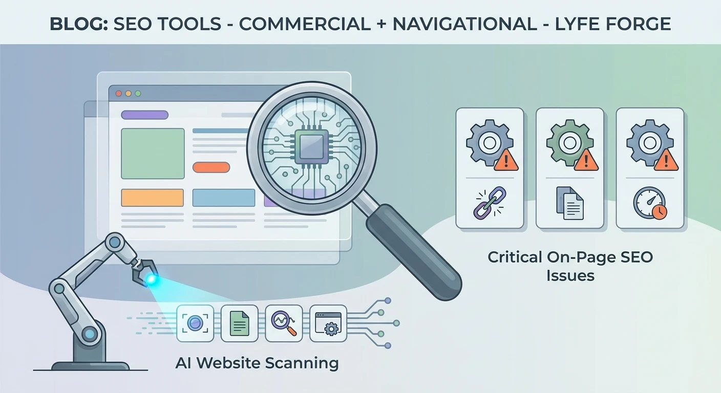 Illustration of AI website scanning detecting critical on-page SEO issues for Lyfe Forge’s commercial and navigational SEO tools