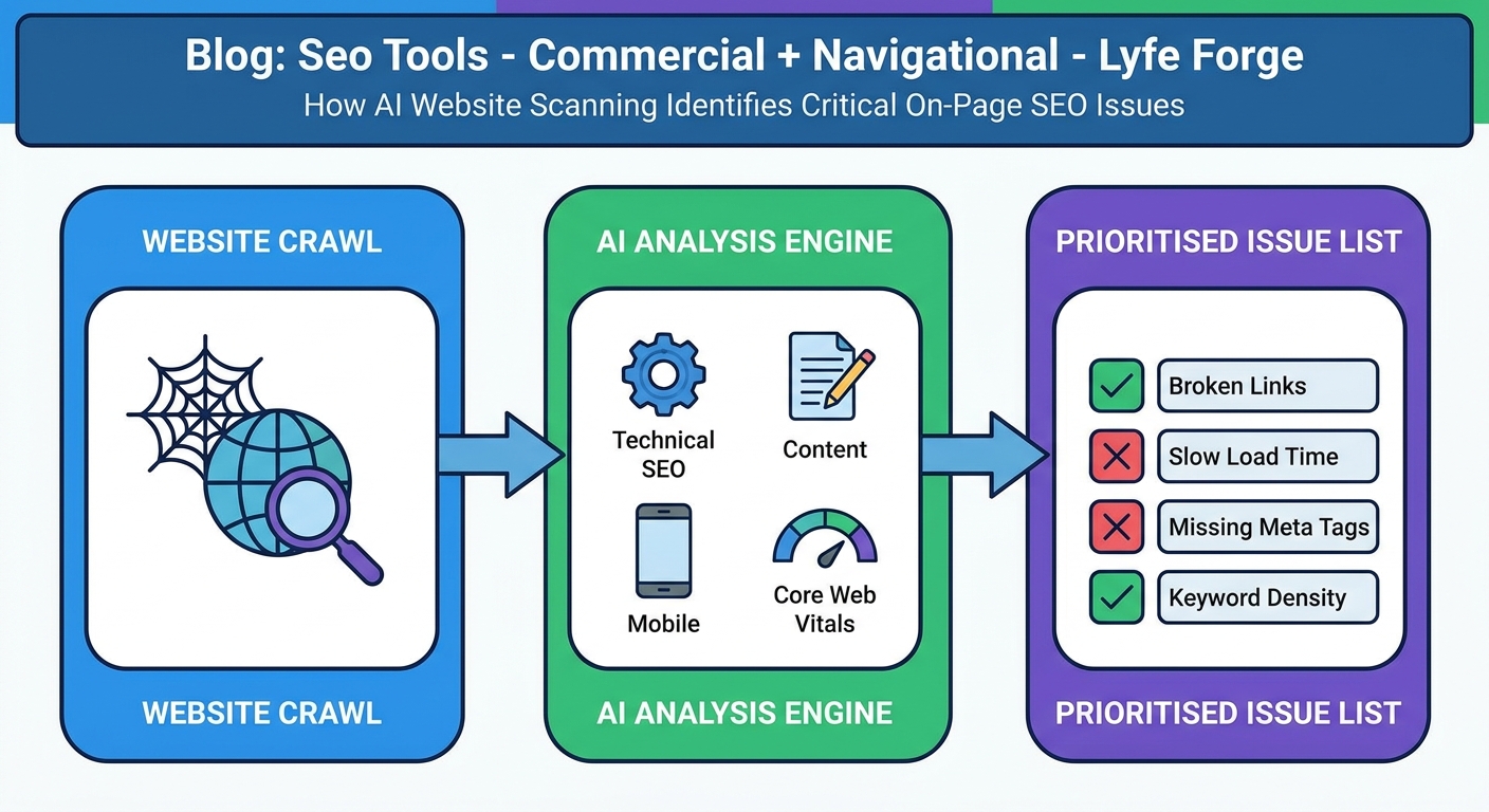 Diagram showing AI website scanning workflow from crawl to analysis engine to prioritized SEO issues like broken links and missing meta tags