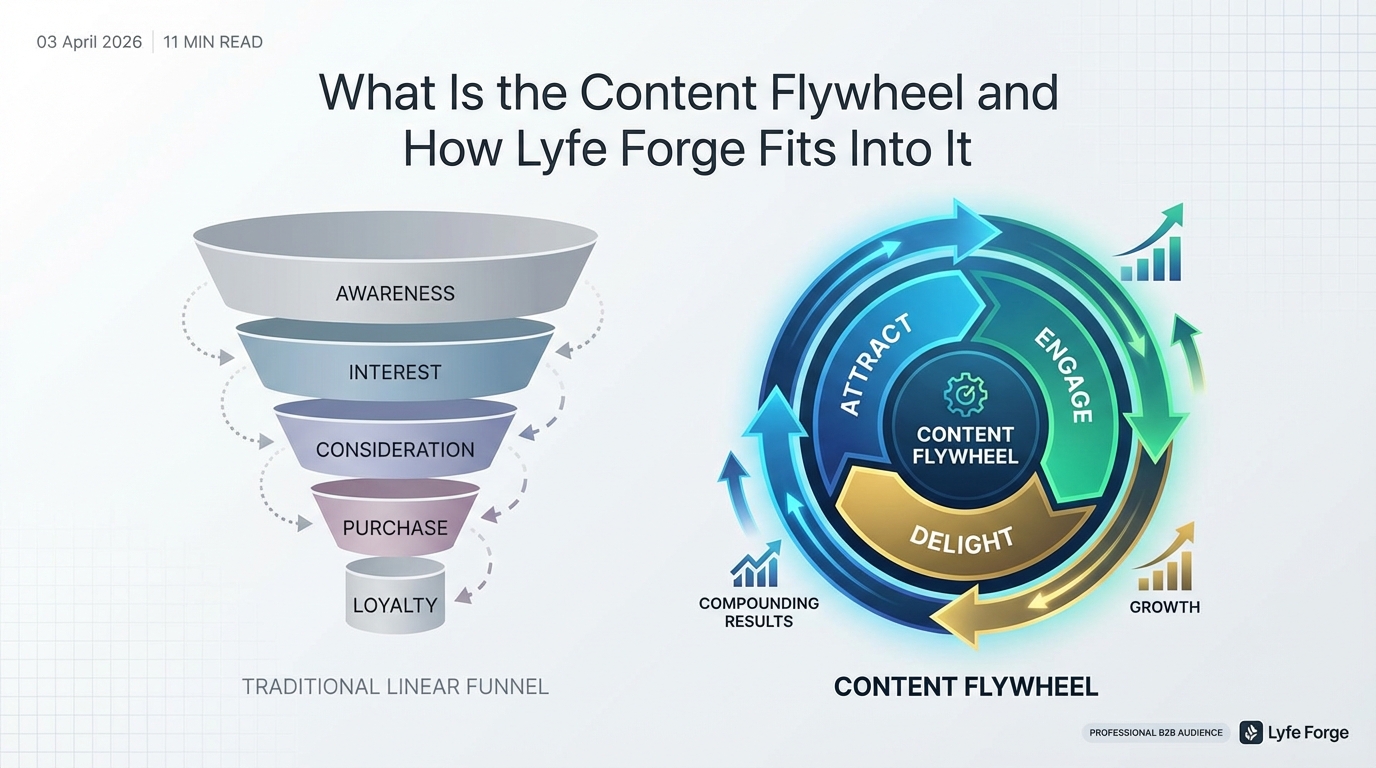 Comparison of a linear B2B marketing funnel and a circular content flywheel showing how Lyfe Forge drives attract, engage, delight, and growth