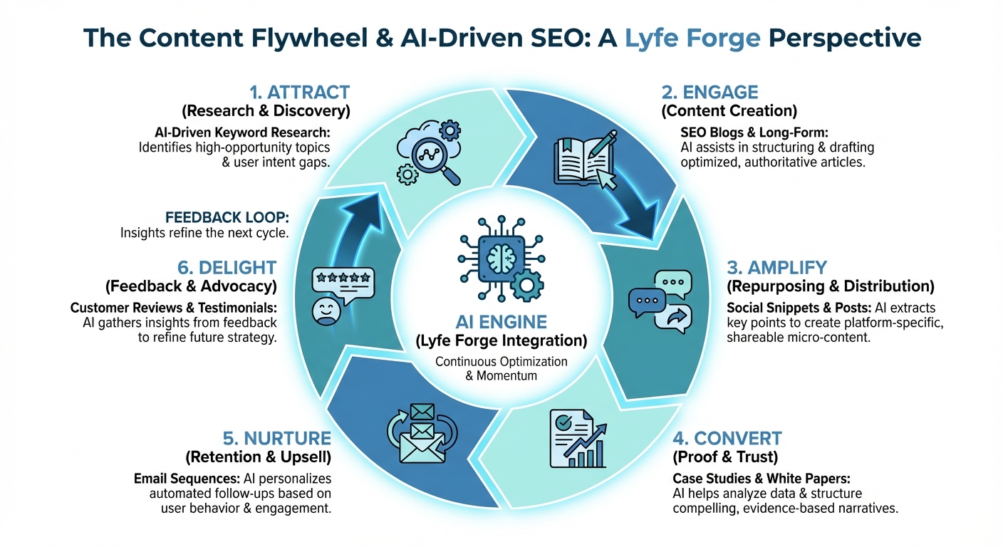 Circular content flywheel diagram showing six AI-driven SEO stages and Lyfe Forge at the center powering continuous growth