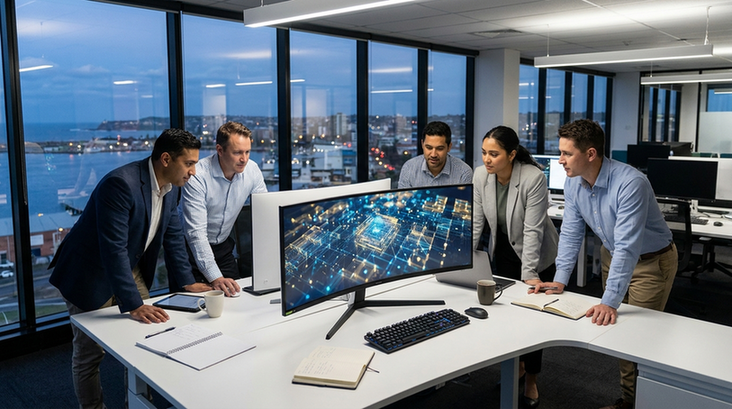 Enterprise team in a modern Newcastle tech office collaborating around large screens with an abstract AI model.
